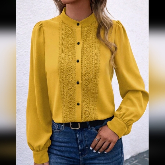 Women Solid Color Stand Collar Flared Long Sleeve Contrast Lace Elegant Shirt - Picture 4 of 4